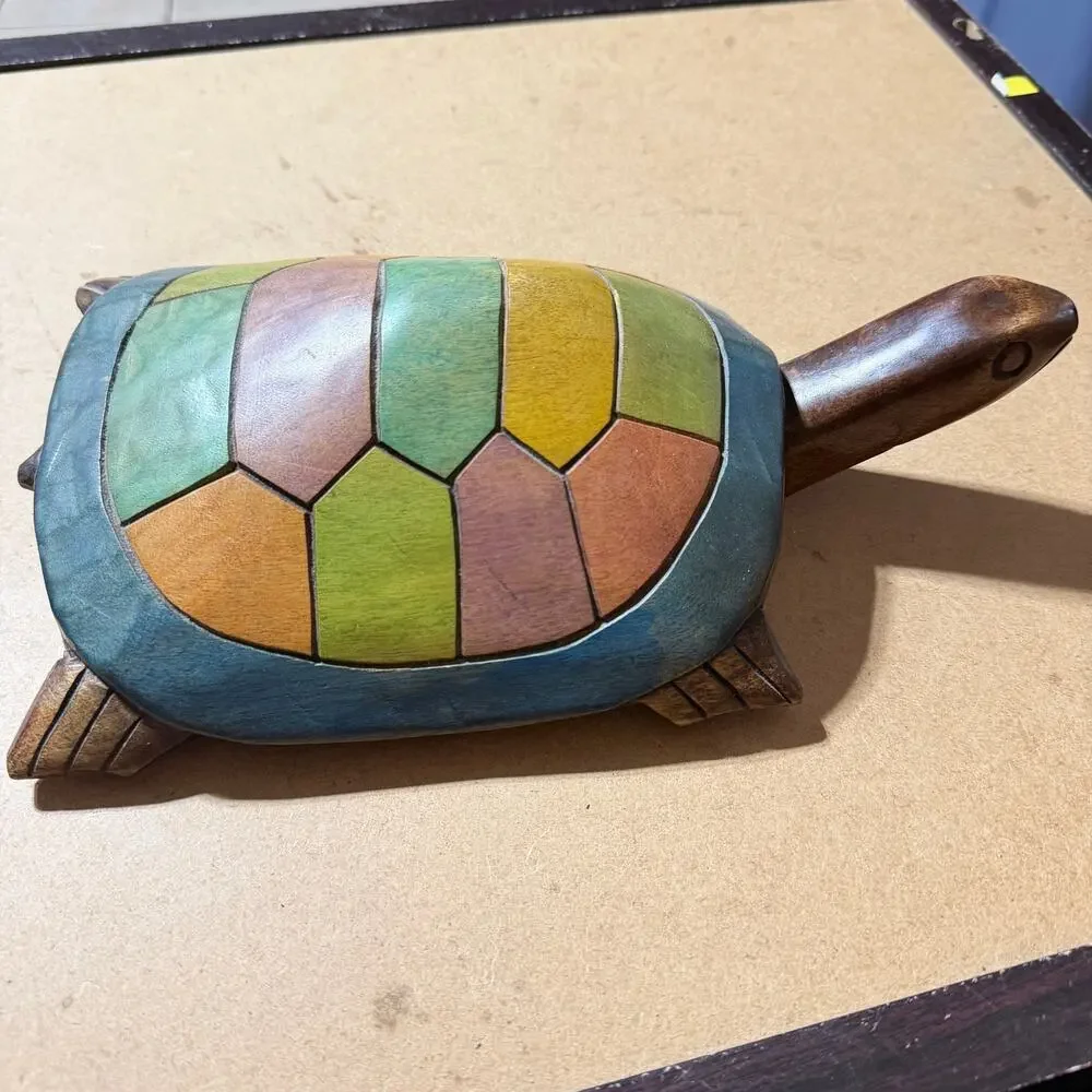 Hand Carved Wood Turtle Figurine Colorful Mosaic Shell Sculpture Folk Art Decor